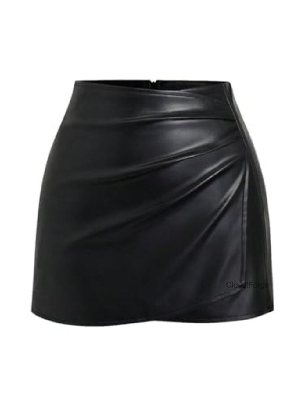 PU Leather Mid Waist Ruched Side Slit Bodycon Mini Skirt